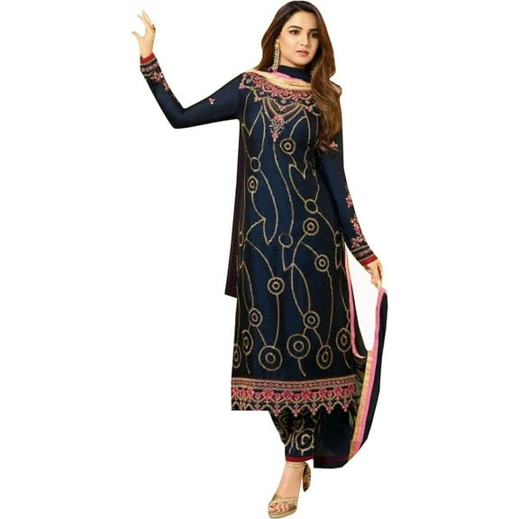 Stylish Pakistani Designer Shalwar Kameez Dress Sewn Indian Trouser Pant Suits ( Blue, XXL - 46 )