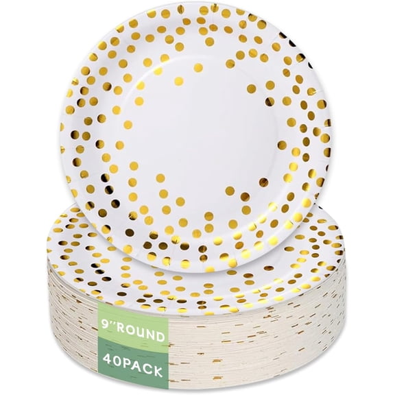 Stylish Paper Plates 40 Count,Eco Compostable Plates,Gold Foil Polka Dots White Paper Plates 9 inch Disposable Plates for Easter,Birthday,Wedding,Party,Great Dessert Plates Dinner Plates