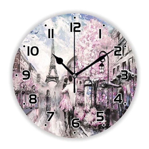 Stylish Pastel Red Paris Tower Oil Painting Wall Clock for Living Room Modern France City Landscape Art Wall Watch Home Decor 35(12 Inch)