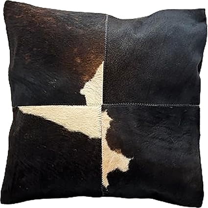 Stylish Patchwork Cowhide Cushion Covers, 15 x 15, Authentic Leather with Natural Patterns, Reversible Design with Soft Velvet, Zip Closure, Perfect for Sofa or Bed Accents.