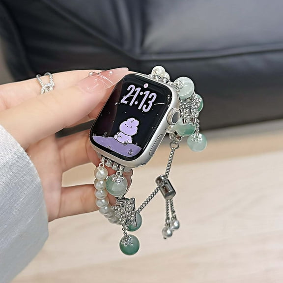 Stylish Pearl Beaded Band Compatible for Apple Watch Bands 42mm 41mm 40mm 38mm, Elegant Chain Strap Bracelet with Charms Butterfly Pendants for iWatch Series 10 9 8 7 6 5 4 SE 3 2 1, Green