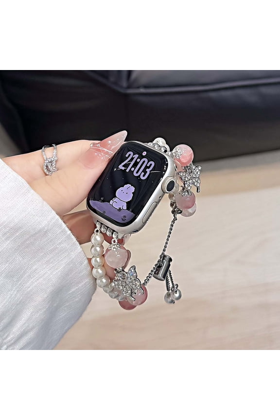 Stylish Pearl Beaded Band Compatible for Apple Watch Bands 42mm 41mm 40mm 38mm, Elegant Chain Strap Bracelet with Charms Butterfly Pendants for iWatch Series 10 9 8 7 6 5 4 SE 3 2 1, Rosered