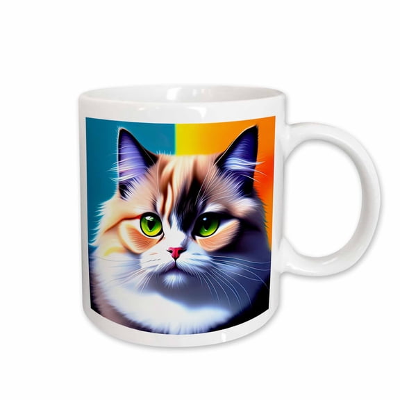 3drose, Stylish Persian Cat Face, Blue and Yellow Background. Digital Art, 11oz Mug