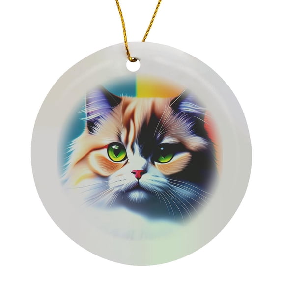 3drose, Stylish Persian Cat Face, Blue and Yellow Background. Digital Art, Circle Porcelain Ornament