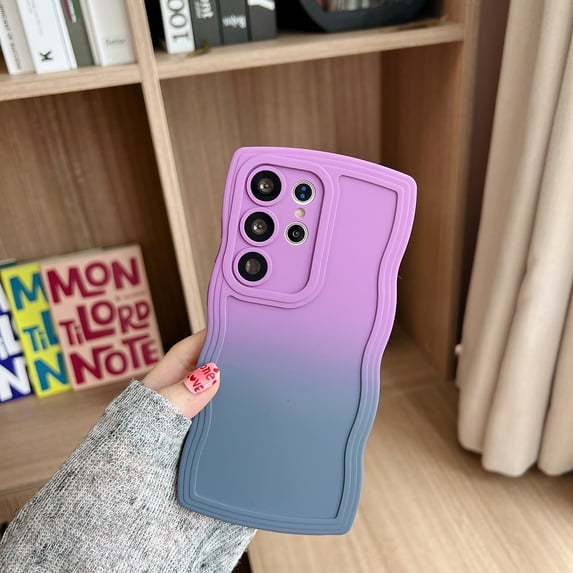 Stylish Phone Case for Samsung Galaxy S22 Ultra, Gradient Color Design Wave Frame Cover Shockproof Anti-Scratch Drop Protective Slim Fit Bumper Case for Girls Women, Purple