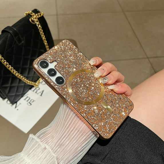Stylish Phone Case for Samsung Galaxy S24+ Plus, Glitter Bling Shiny Magnetic Back Cover Slim Fit Bumper Rugged Shockproof Case Cover for Girls Women, Rosegold