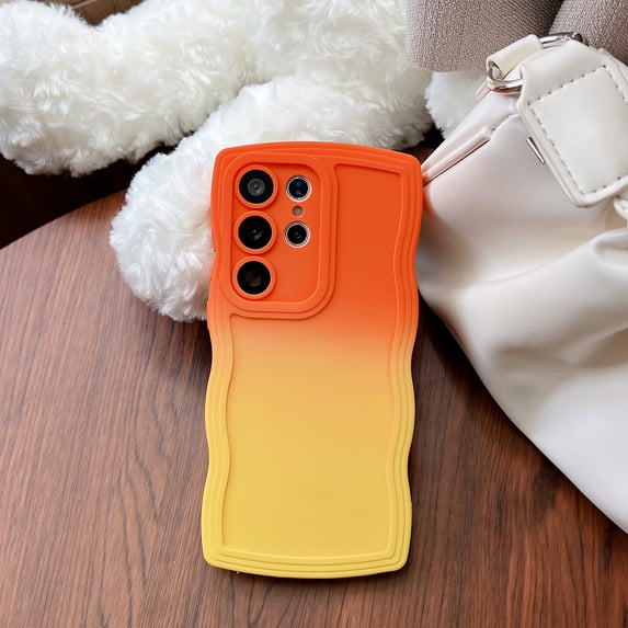 Stylish Phone Case for Samsung Galaxy S24 Ultra, Gradient Color Design Wave Frame Cover Shockproof Anti-Scratch Drop Protective Slim Fit Bumper Case for Girls Women, Orange