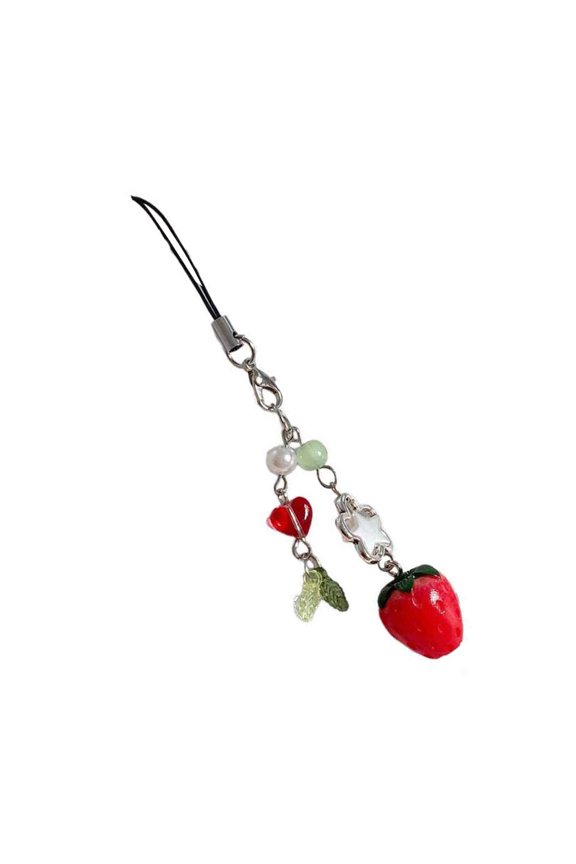 Stylish Phone Lanyard Strawberry Pendant Keychain Detachable Colorful Beaded Keyring Portable Accessory for Women