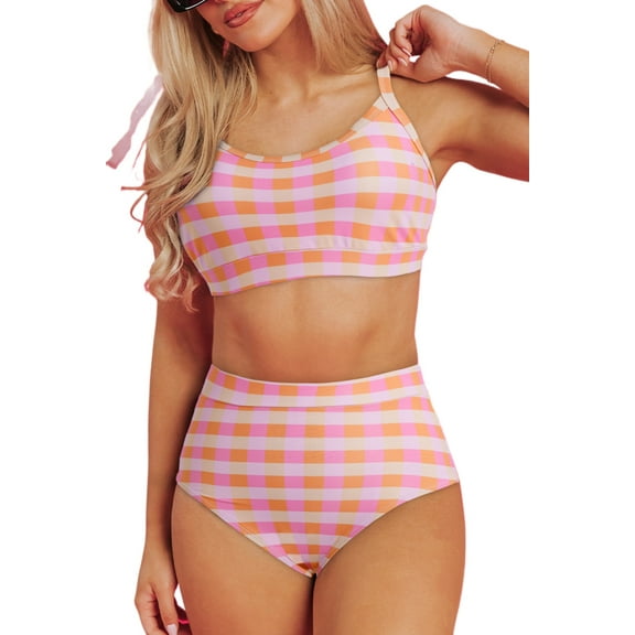 Stylish Pink Plaid High Waisted Swimwear - Includes Cropped Tank & Sarong - [ZhiHiMeRi] | (US 16-18)XL