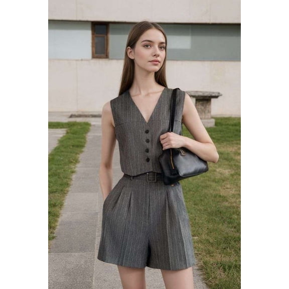 Stylish Pinstripe Sleeveless Blouse & Shorts Set (M, Grey)