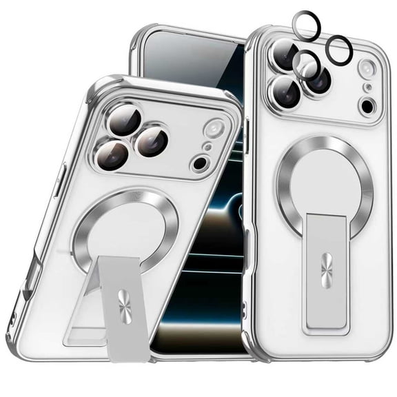 Stylish Plating Case for iPhone 15 Plus, Compatible with MagSafe, Kickstand Magnetic Camera Lens Protector Anti-Scratch Ultra Slim Protective Clear Back Cover, Silver