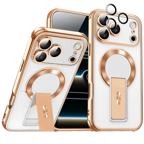 Stylish Plating Case for iPhone 17 Pro, Compatible with MagSafe, Kickstand Magnetic Camera Lens Protector Anti-Scratch Ultra Slim Protective Clear Back Cover, Gold