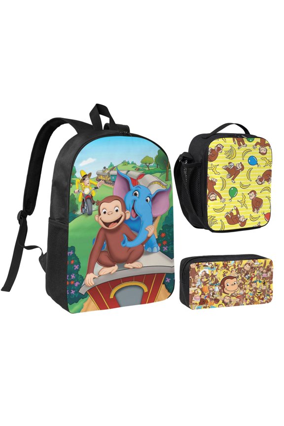 Stylish Playful Little Monkey Graphic 3Pcs Backpack, Durable Oxford Cloth Casual Travel Bag, 17"