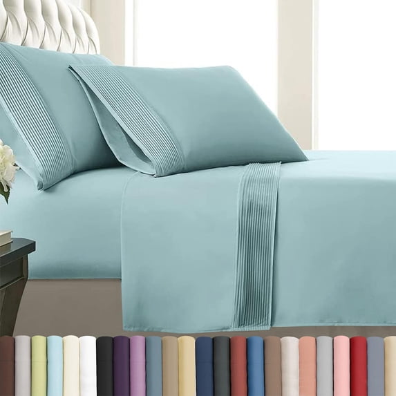 Southshore Fine Linens Vilano Pleats 3 Piece Extra Deep Pocket Sheet Set, 21-Inch Deep Pocket Bed Sheets with Flat Sheet and Pillowcase, Extra Soft Brushed Microfiber, Twin, Sky Blue