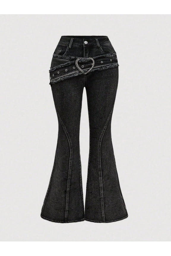 Stylish Plus Size Flare Leg Denim Jeans with Rhinestone Accents and Belt Detail in Medium Stretch Fabric