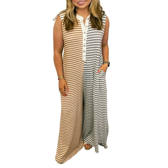 Stylish Plus Size Jumpsuit - Gray Striped Color Block Design with Button Accents | [ZhiHiMeRi] | (US 18W-20W)2X