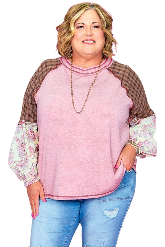 Stylish Plus Size Long Sleeve Top - Pink Plaid and Paisley Patchwork Design - [ZhiHiMeRi] | (US 18W-20W)2X