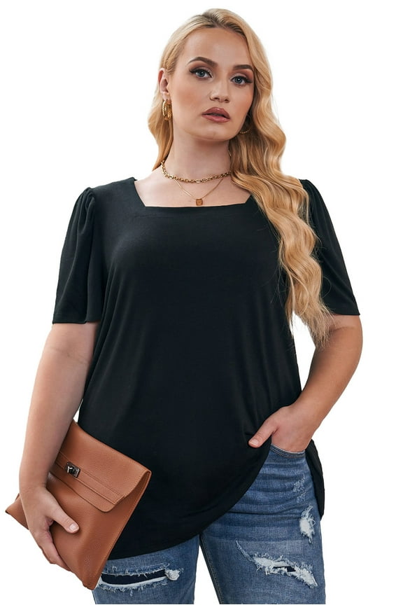 Stylish Plus Size Top: Black Square Neck with Ruched Shoulder Detail - [ZhiHiMeRi] | (US 18-20)2X