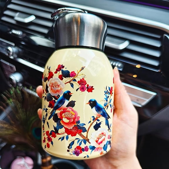 Stylish & Portable Insulated Water Bottle, 300ml Vintage Floral Pattern Tea Pot, Double-layer Stainless Steel Keep Drinks Hot or Cold 6-12 Hours (04)