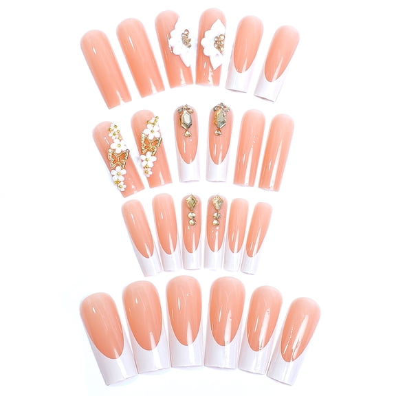 Stylish Press On Nails With Flower Designs And Rhinestones Accents Fashionable Long Artificial Nails