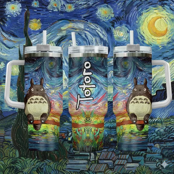40oz Stainless Steel Water Bottle Tumbler, Triple-Layer Insulation, BPA-Free Kitchen Drinkware, Classic Studio Ghibli Totoro Van Gogh Starry Night Parody Art, White Handle, Lid, Straw, Anime Fan Gift