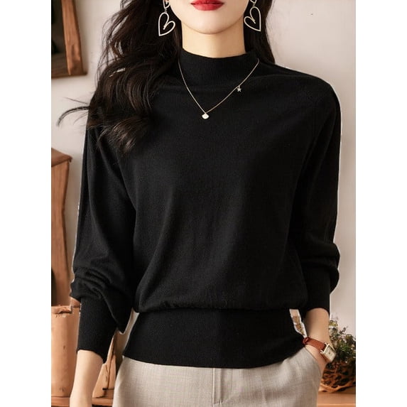 Stylish Puff Long-sleeved Knitted Half Turtleneck Sweater, Black, Large