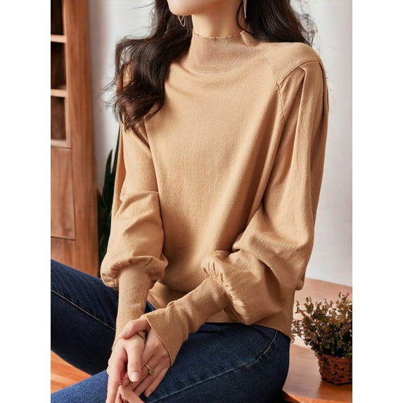 Stylish Puff Long-sleeved Knitted Half Turtleneck Sweater, Brown, Small