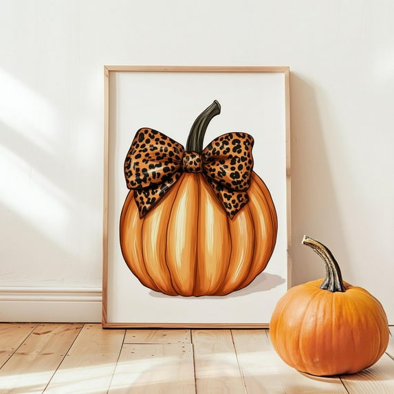 Stylish Pumpkin Illustration With Leopard Print Bow Perfect For Fall Decor Party Decorations Or Trendy Autumn Artwork For Home Wall Art, Modern Wall Decor, 24x36 UNFRAMED
