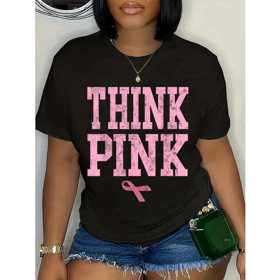 Stylish & Purposeful "Pink Ribbon THINK PINK" Tops for Women, Distressed Graphic Print Tshirts, Awareness - Themed Graphic Tees for Advocacy Shirts