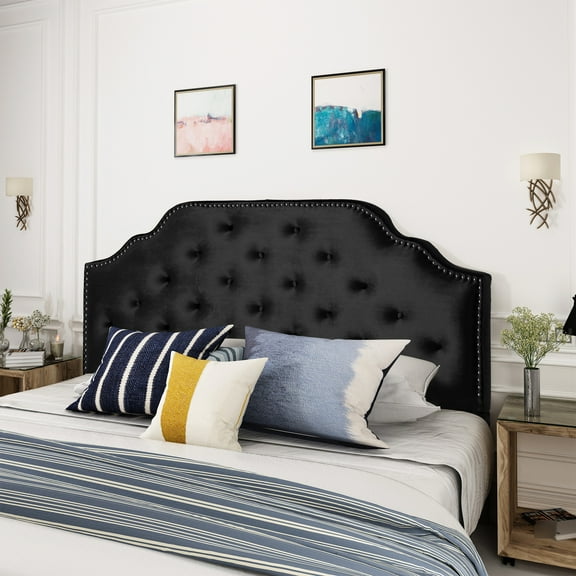 Stylish Queen & Full Sized Headboard - Black Velvet With Button Diamond Stitch And Tasteful Nailhead Border, Assembly Needed Modern Pattern Gorgeous Accents, Required