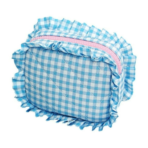 Stylish Quilted Gingham Cosmetic Organizer Pouch For Travel And Daily Use With Ruffle Design Elegant Makeup Storage Solution