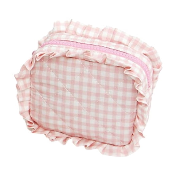 Stylish Quilted Travel Makeup Organizer Bag Set with Ruffle Gingham Design for Women Girls Cosmetic Storage Pouch