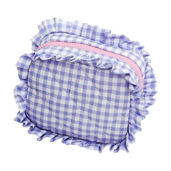 Stylish Quilted Gingham Cosmetic Organizer Pouch For Travel And Daily Use With Ruffle Design Elegant Makeup Storage Solution