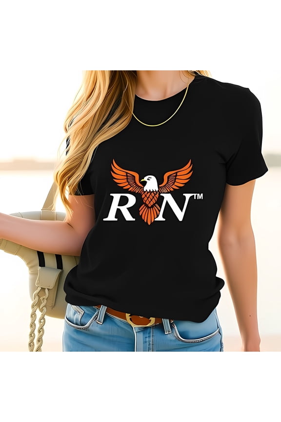 Stylish RN Eagle T-Shirt for Nurses - Bold Design with Orange Eagle in - Casual Black Tee
