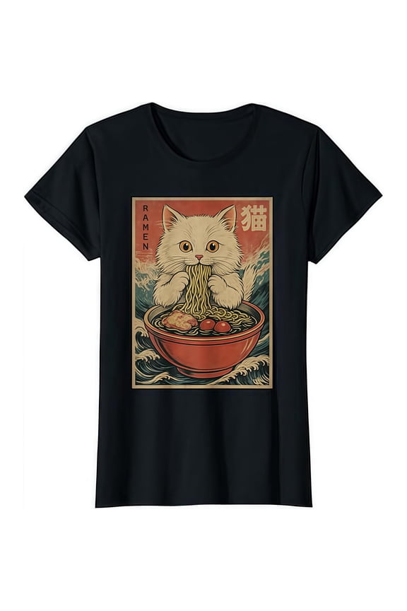 Stylish Ramen Cat Ukiyo - e Graphic Tees Artistic Japanese - Themed Print Tshirts Featuring Cat Eating Ramen In Ukiyo - e Style Fashionable Short Sleeve Casual Tops