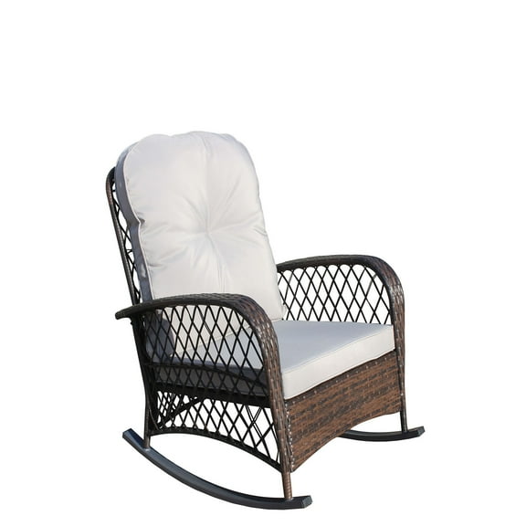 Stylish Rattan Rocking Chair with Tall Backrest and Wide Armrests in Dark Brown, Perfect for Your Garden or Backyard