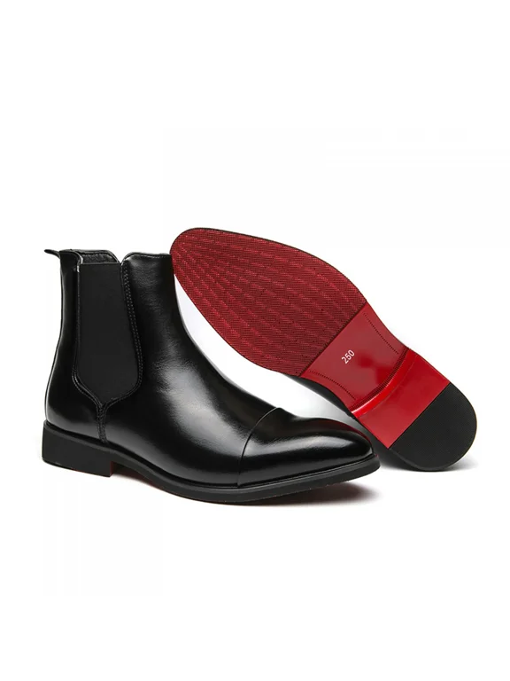Stylish Red Bottom Leather Chelsea Boots Men, Slip On Elastic Panel High Top Pointed Toe Boots, Warm Autumn Winter Business Casual Footwear in Large Sizes