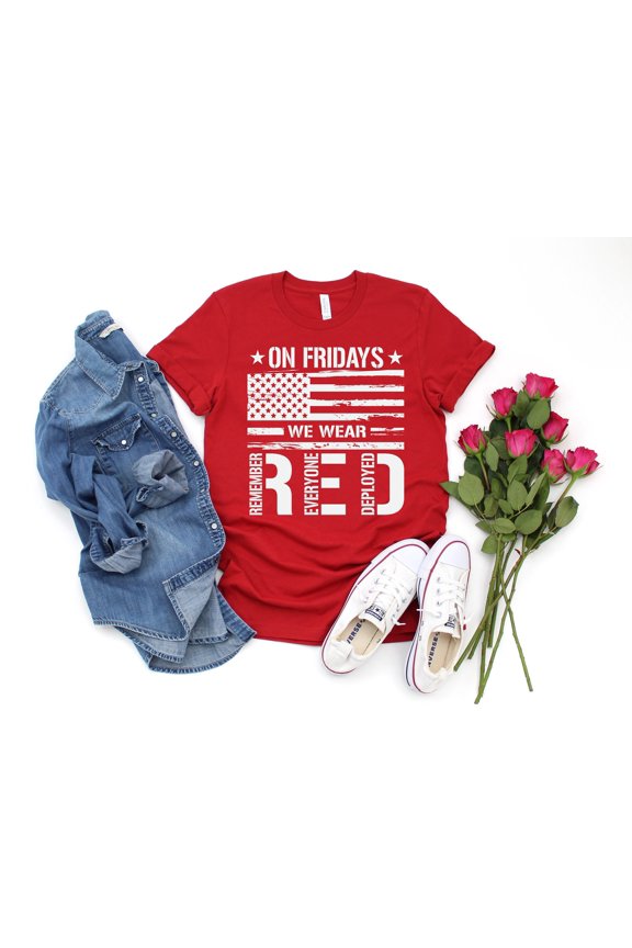 Stylish Red T-Shirt with Distressed American Flag Design for Remembering Deployed Heroes