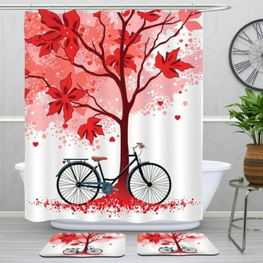 Stylish Red & White Shower Curtain with Tree for Your Bathroom Decor!