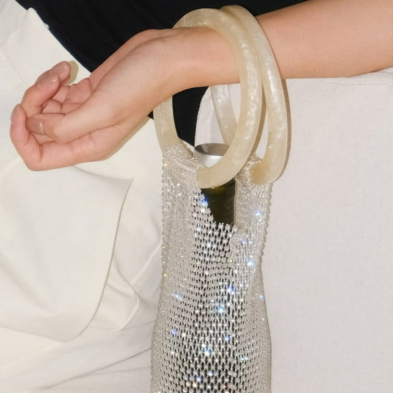 Stylish Resin Handle Wine Bag with Rhinestone Mesh, Multi-functional Elastic Wine Gift Bag, Wine Accessory, for Picnic, Beach, Daily Use