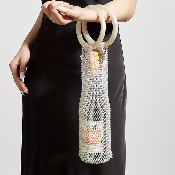 Stylish Resin Handle Wine Pouch Mesh And Embedded Rhinestones Bottle ...