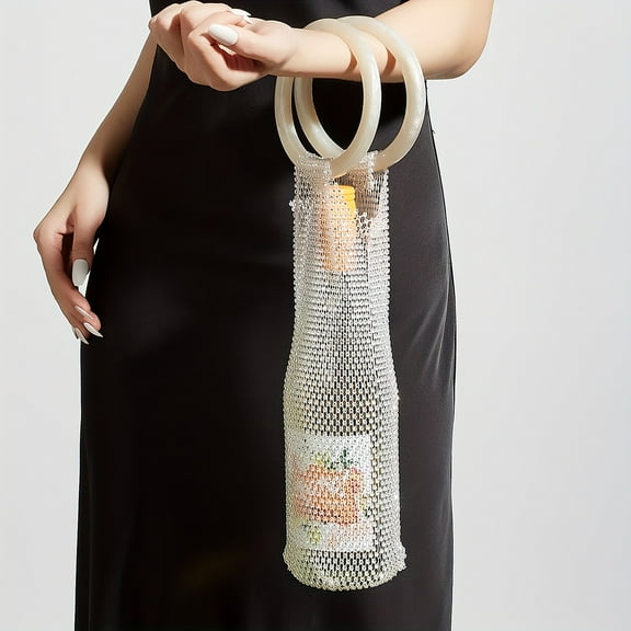 Stylish Resin Handle Wine Pouch Mesh And Embedded Rhinestones Bottle Holder For Daily Use Elegant Marble Handle Bag
