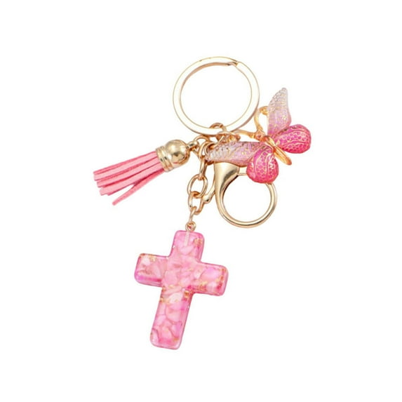 Stylish Resins Crosses and Butterfly Christian Keychain with Tassels for Women Unique Bag Charm Accessories Key Ornament