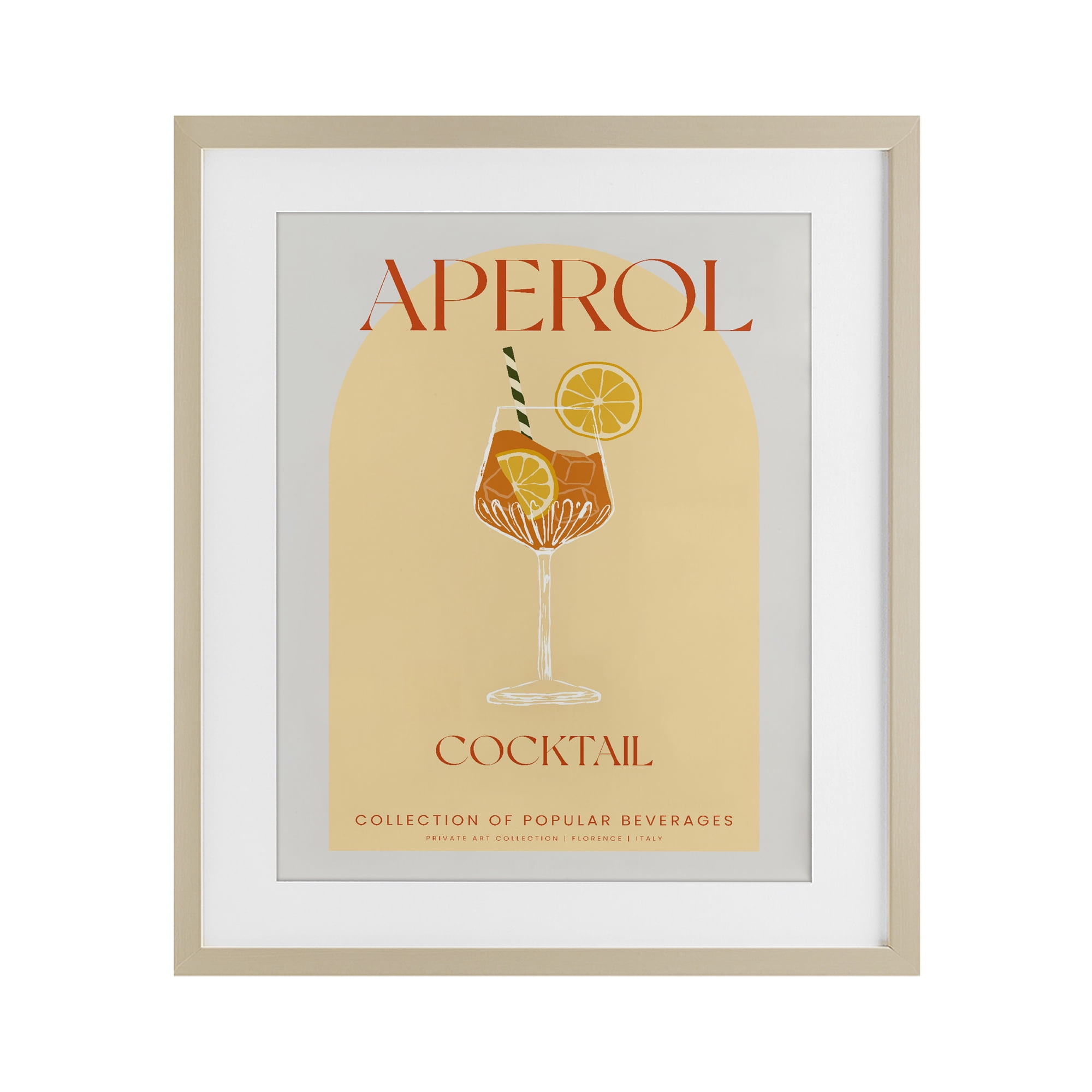 Stylish Retro Aperol Cocktail Birch Framed Print Under Glass, design by Lil' Rue