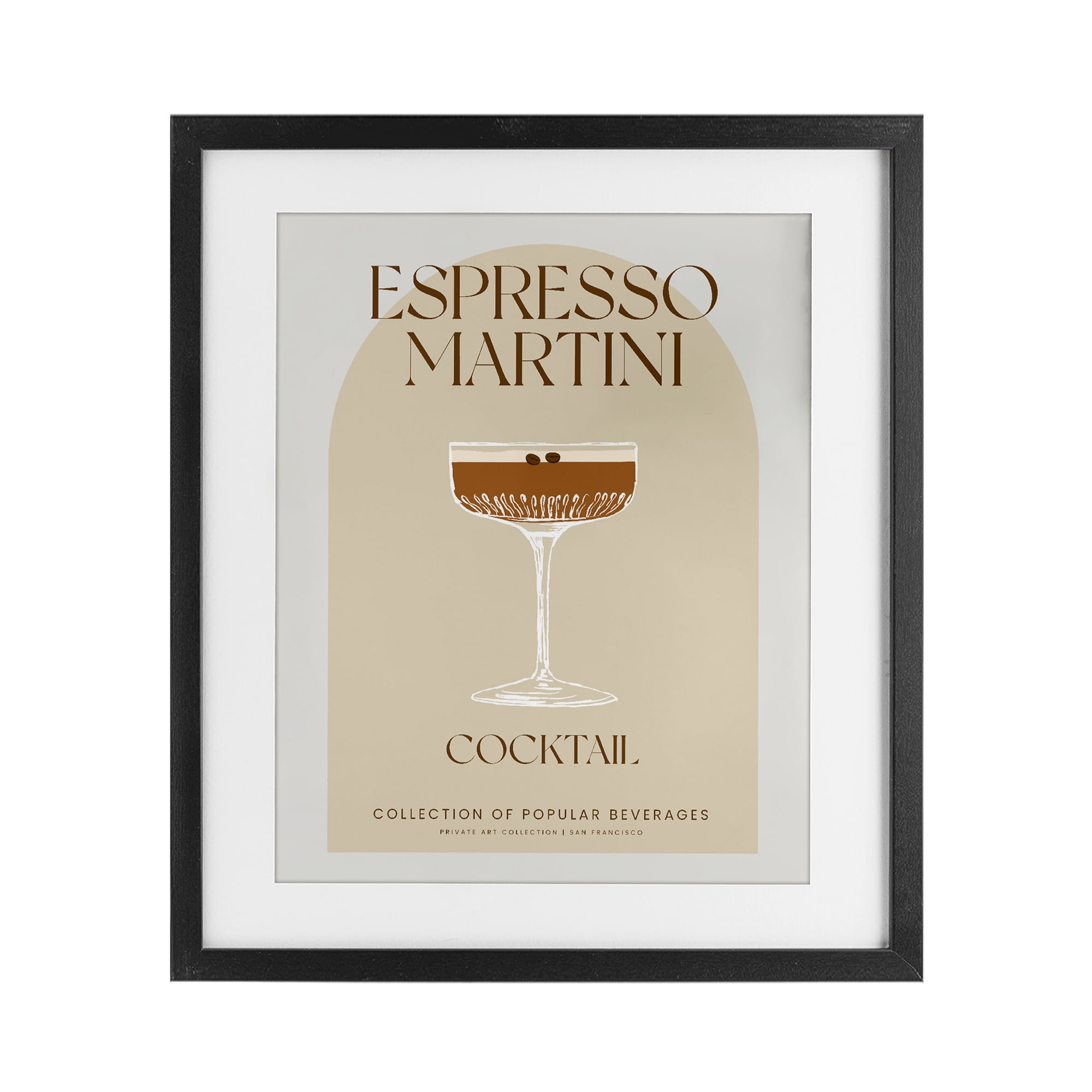 Stylish Retro Espresso Martini Black Framed Print Under Glass, design by Lil' Rue