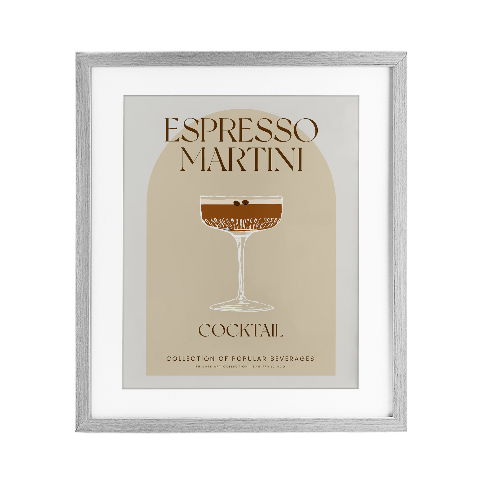 Stylish Retro Espresso Martini Gray Framed Print Under Glass, design by Lil' Rue