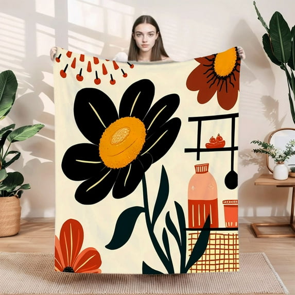 Stylish Retro Floral Flannel Blanket - Durable Soft & Warm Cozy Throw for Sofa Travel Bed & Chair - Perfect for Any Decor