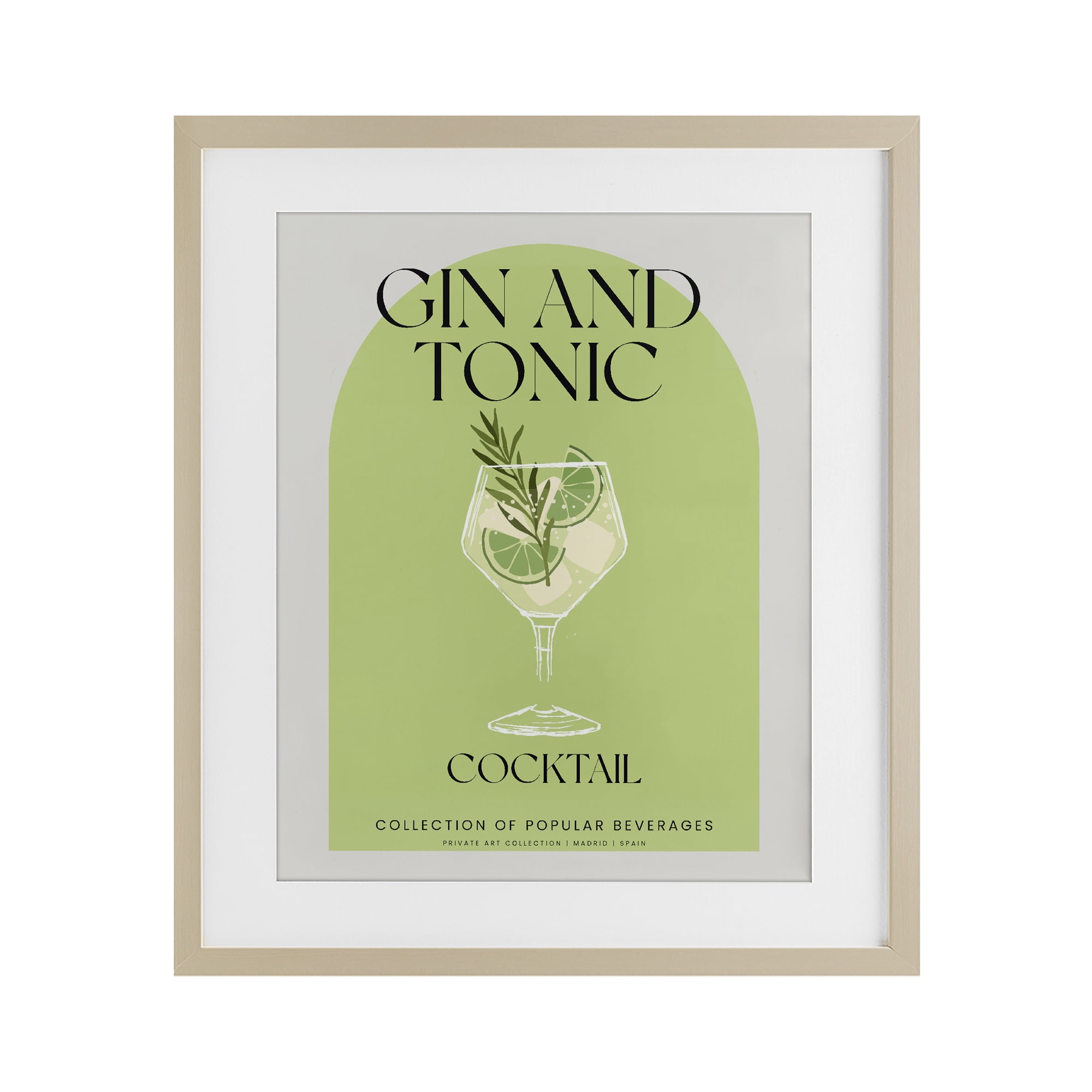 Stylish Retro Gin & Tonic Birch Framed Print Under Glass, design by Lil' Rue