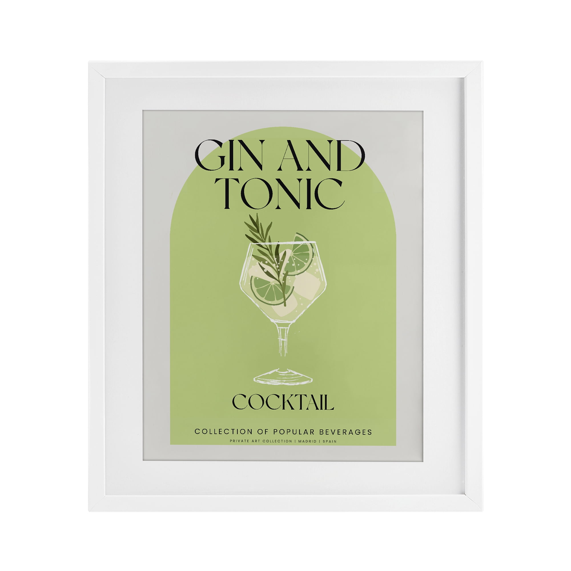 Stylish Retro Gin & Tonic White Framed Print Under Glass, design by Lil' Rue