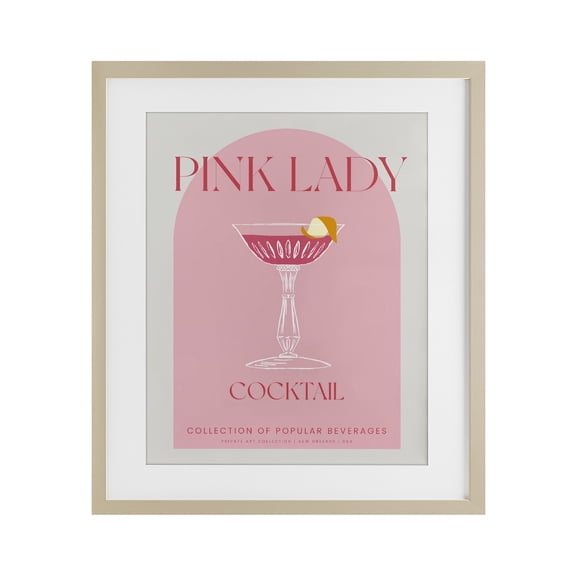 Stylish Retro Pink Lady Birch Framed Print Under Glass, design by Lil' Rue